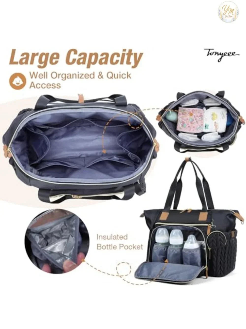 Quilted Nylon Diaper Bag Tote with Changing Pad, Insulated Pockets, Luggage
